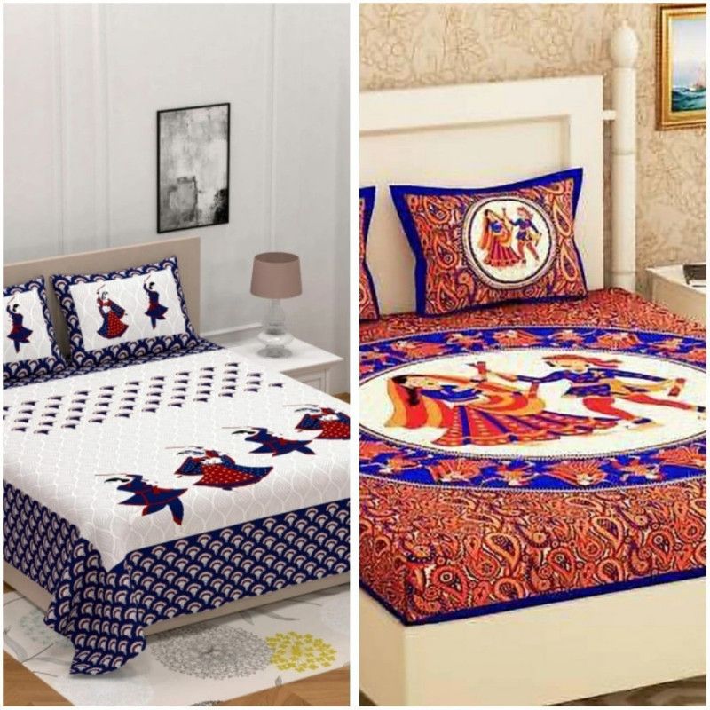 Shopoj 144 TC Cotton Double Printed Flat Bedsheet  (Pack of 2, Green)