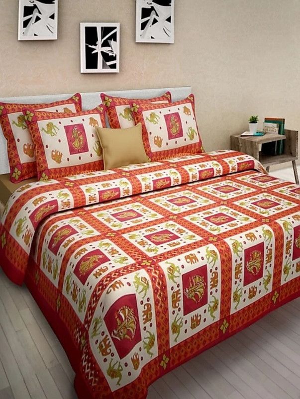 RAJDEVI JAIPUR PRINTS 228 TC Cotton King Motifs Flat Bedsheet  (Pack of 1, Red)