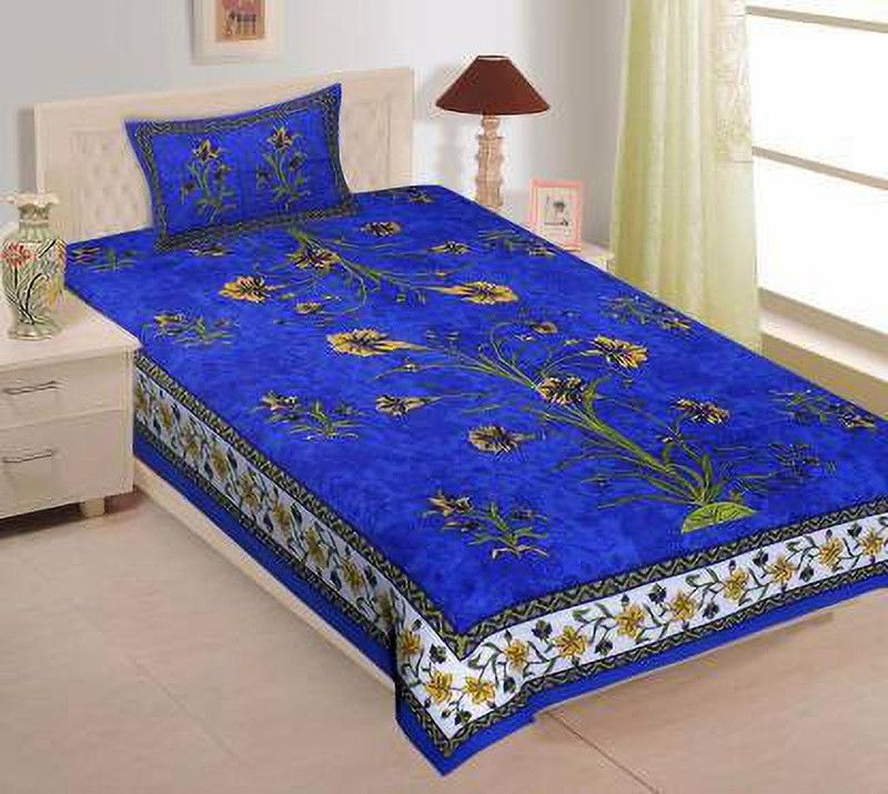 Sanganeri Mart 150 TC Cotton Single Floral Flat Bedsheet  (Pack of 1, Blue ,Yellow)