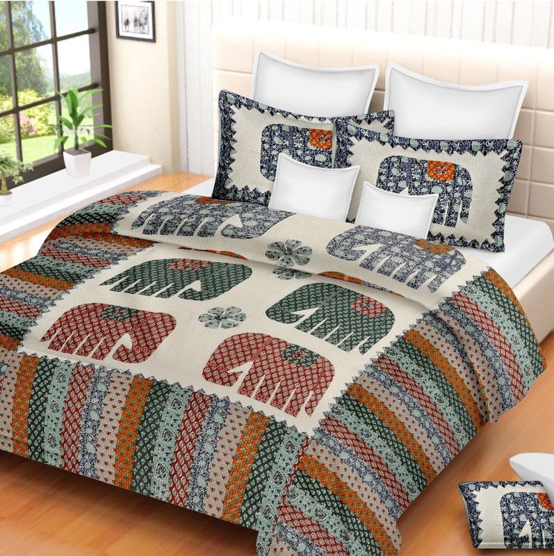 SPARSH 120 TC Cotton Queen Jaipuri Prints Flat Bedsheet  (Pack of 1, Orange Blue Red Green)