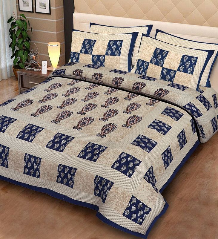 EasyGoods 240 TC Cotton Double Jaipuri Prints Flat Bedsheet  (Pack of 1, Blue)