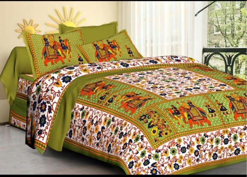 SRE 180 TC Cotton Double Jaipuri Prints Flat Bedsheet  (Pack of 1, Green Flower Elephant)
