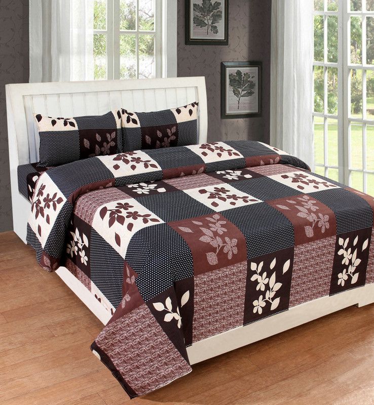Syk 160 TC Microfiber Double Printed Flat Bedsheet  (Pack of 1, Brown)