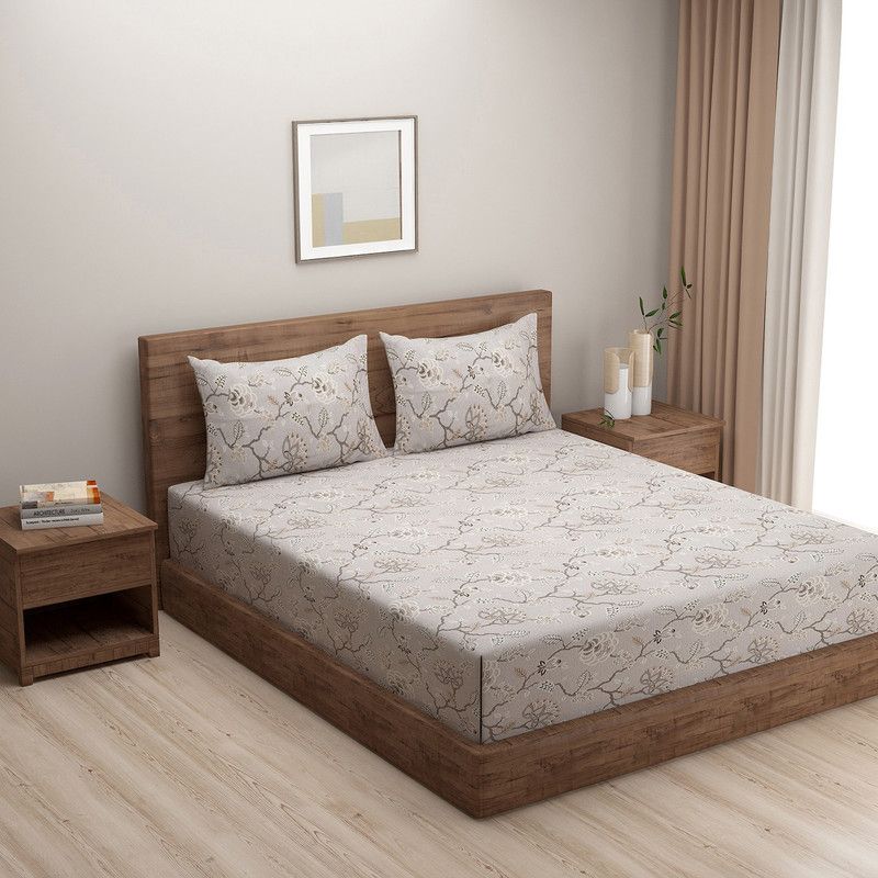SWAYAM 200 TC Cotton Double Floral Fitted (Elastic) Bedsheet  (Pack of 1, Beige,Brown)