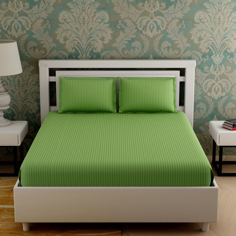 Textile Nation 210 TC Cotton King Striped Flat Bedsheet  (Pack of 1, Green)