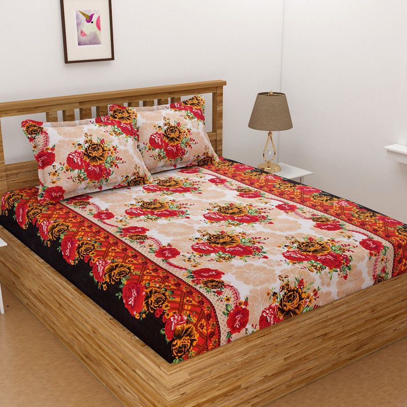 HOME STAR 140 TC Microfiber Double Floral Flat Bedsheet  (Pack of 1, Beige)