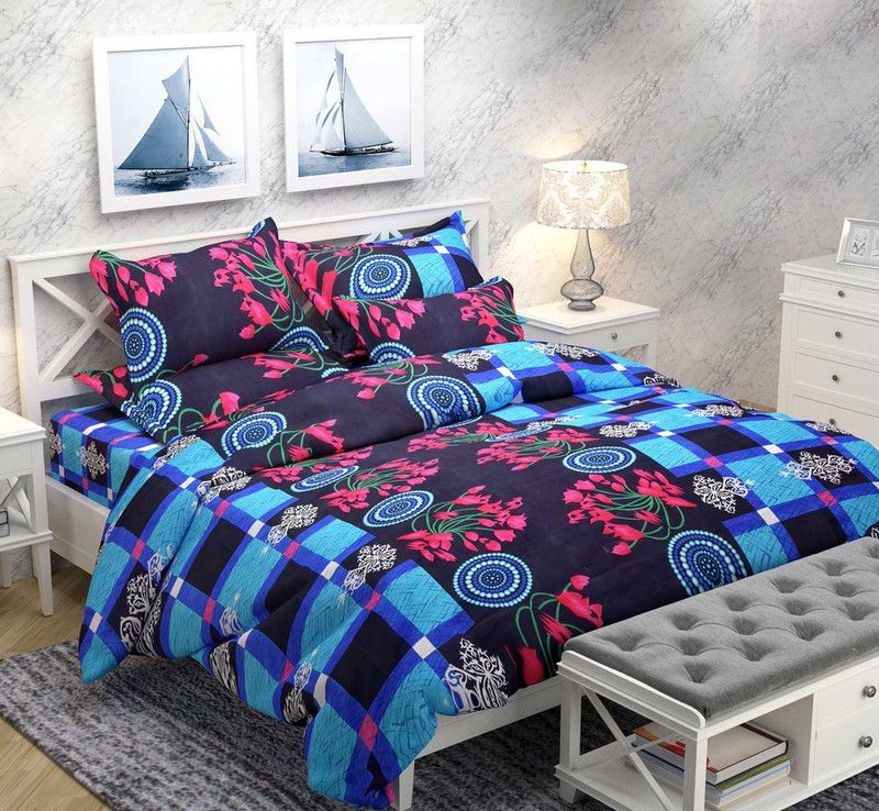 DEKORASIA 140 TC Cotton Double Printed Flat Bedsheet  (Pack of 1, Blue)