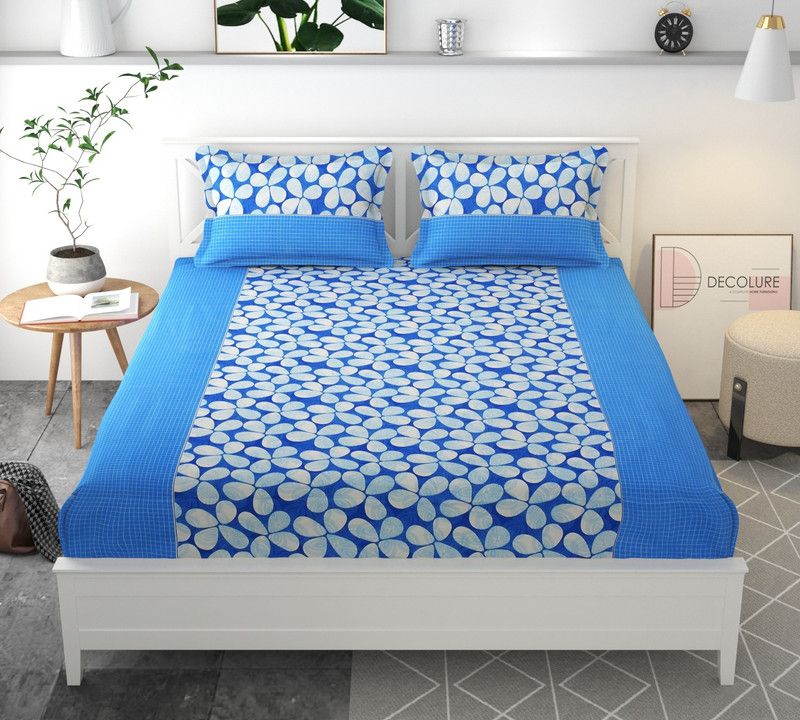Decolure 240 TC Cotton Double Floral Fitted (Elastic) Bedsheet  (Pack of 1, Sky Blue)