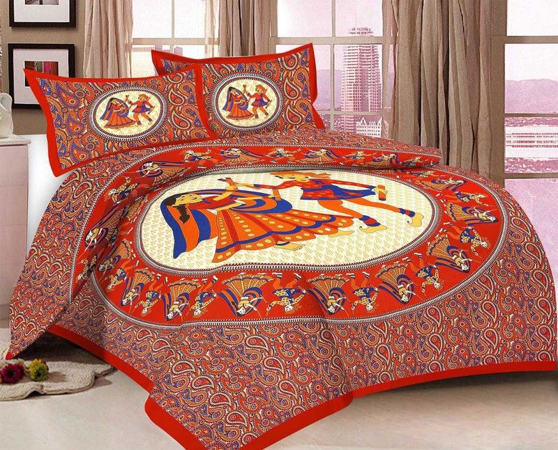 Twinkle Star's 140 TC Cotton Double Printed Flat Bedsheet  (Pack of 1, Red, Yellow)