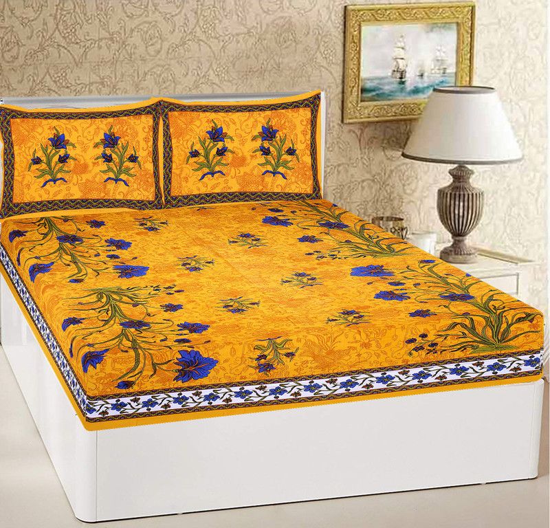MOMiN 144 TC Cotton Double Printed Flat Bedsheet  (Pack of 1, Yellow)