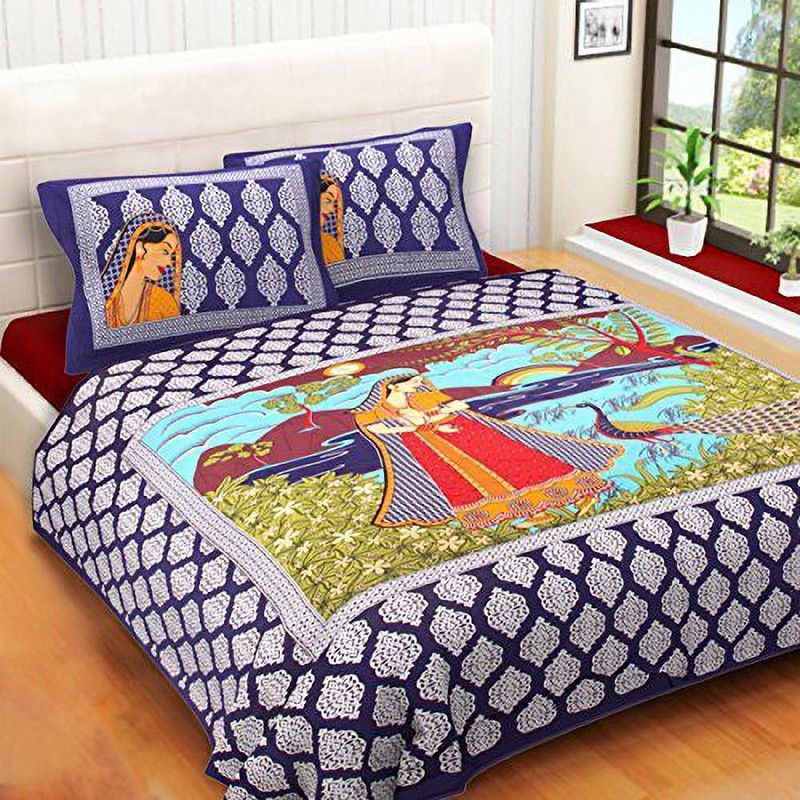 GRADALL 240 TC Cotton Double Jaipuri Prints Flat Bedsheet  (Pack of 1, Blue)