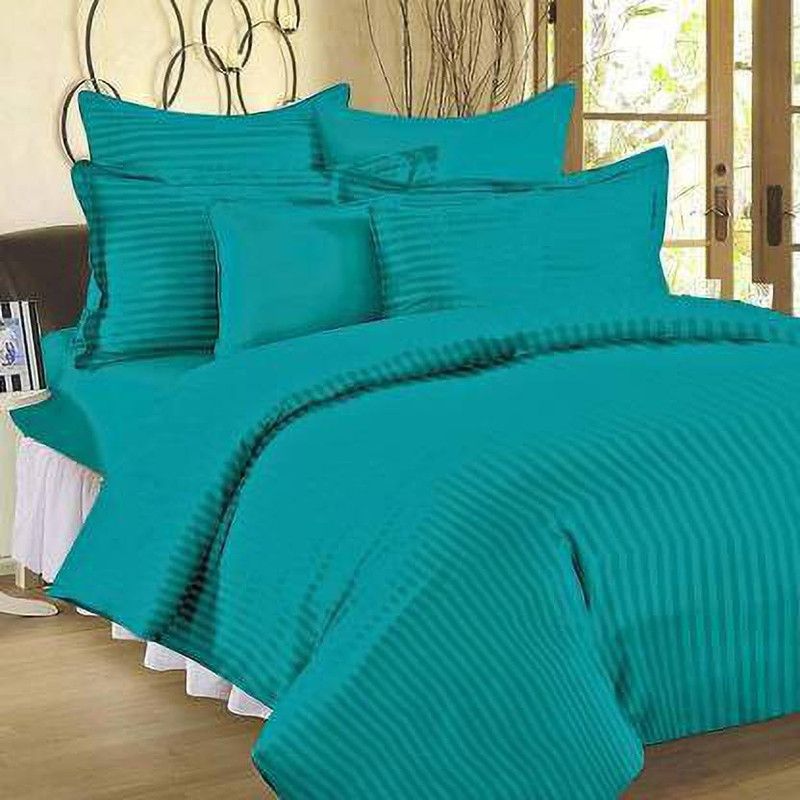 Indian Fabrico 300 TC Satin King Striped Flat Bedsheet  (Pack of 1, Aqua Turquoise)