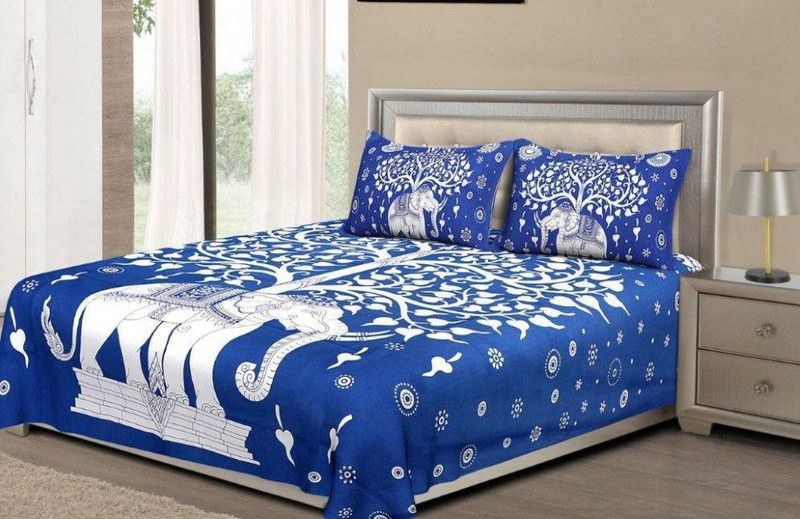 Nisha Enterprises 144 TC Cotton Double Printed Flat Bedsheet  (Pack of 1, Blue)