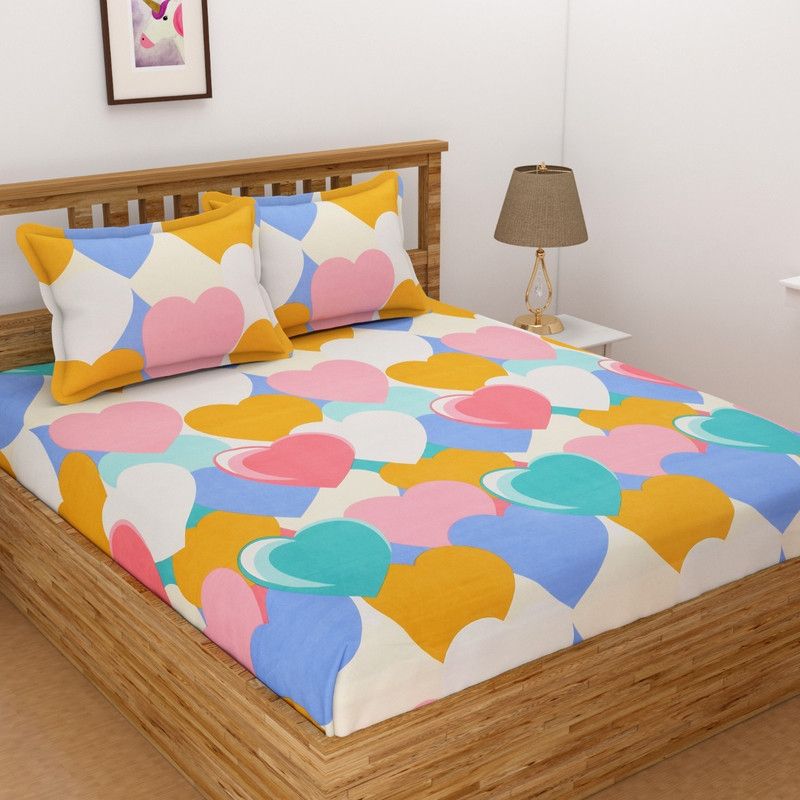 YaAkholic 260 TC Cotton Double Printed Fitted (Elastic) Bedsheet  (Pack of 1, Orange, Blue, Pink, White)