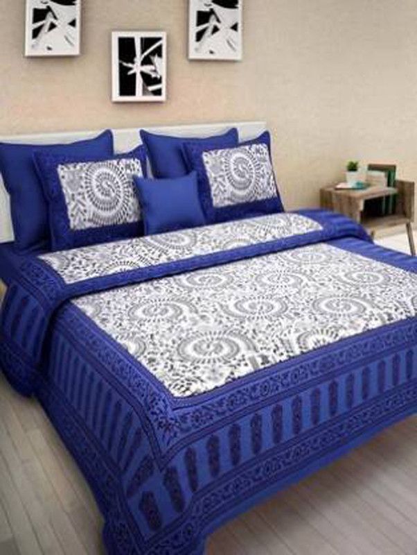 mamoreproduct 240 TC Cotton Double Printed Flat Bedsheet  (Pack of 1, Blue)
