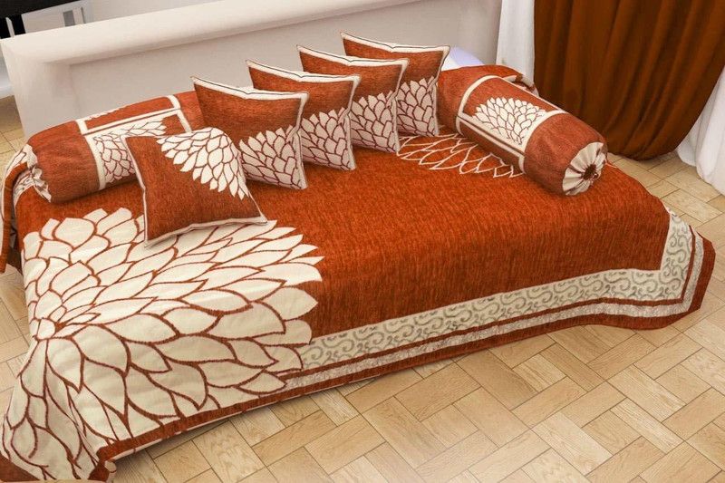 DECOROLOGY Chenille Floral Diwan Set  (Orange, White)