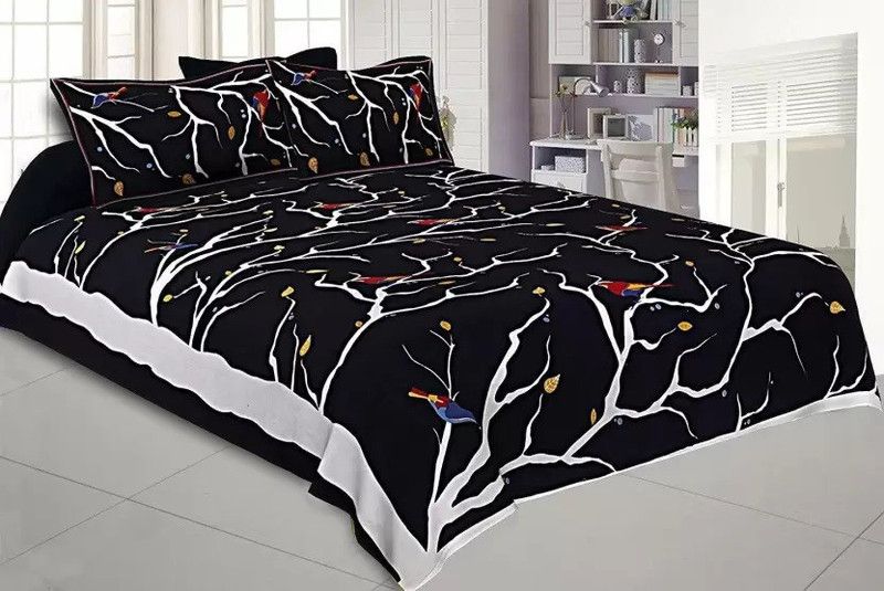 Jaipuri Rajasthani Traditional Print 150 TC Cotton Queen, Double 3D Printed Flat Bedsheet  (Pack of 1, Black)
