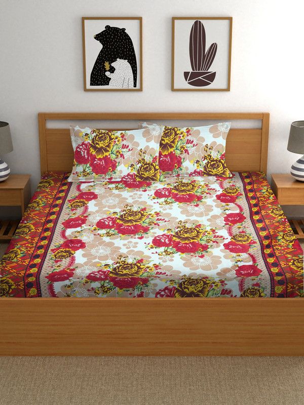 CECARO 160 TC Polycotton Double Floral Flat Bedsheet  (Pack of 1, Orange)