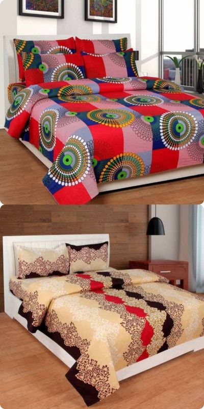 EKANSH FAB 160 TC Microfiber Double Printed Flat Bedsheet  (Pack of 2, Red)
