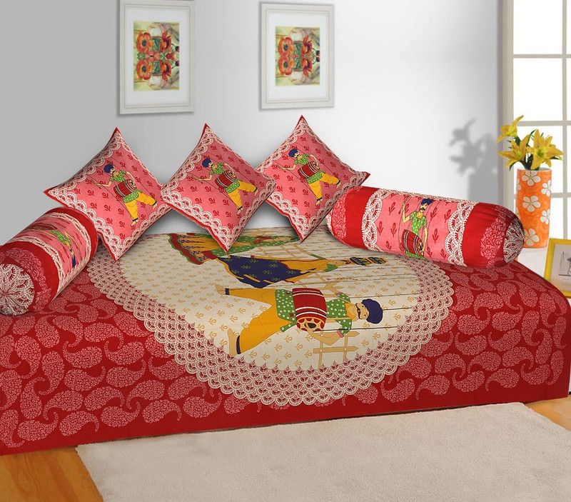WebDealz Cotton Abstract Diwan Set  (Red, Pink)