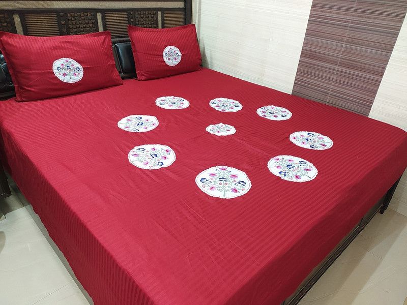 ABC TEXTILE HOUSE 240 TC Cotton Double Embroidered Flat Bedsheet  (Pack of 1, Maroon)
