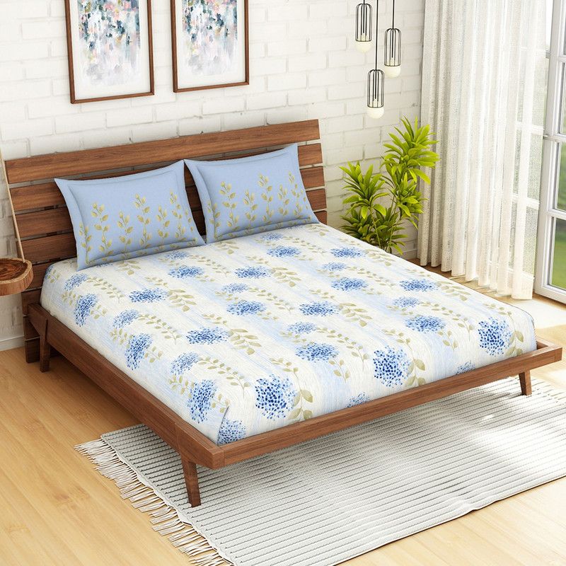 SPACES 180 TC Cotton King Abstract Flat Bedsheet  (Pack of 1, Blue, White)