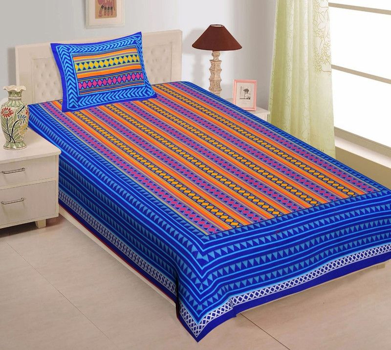 144 TC Cotton Single Abstract Bedsheet  (Pack of 1, Blue)