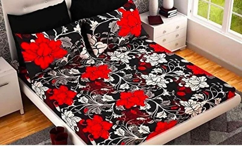 150 TC Polycotton Double King 3D Printed Bedsheet  (Pack of 2, Black, Red)