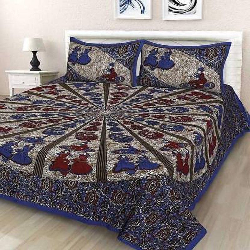 E ELMA Reversible Cotton Double Bed Cover  (Blue)