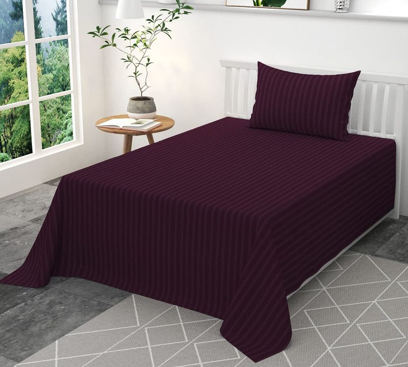 300 TC Cotton, Satin Single Striped Bedsheet  (Pack of 1, Wine)