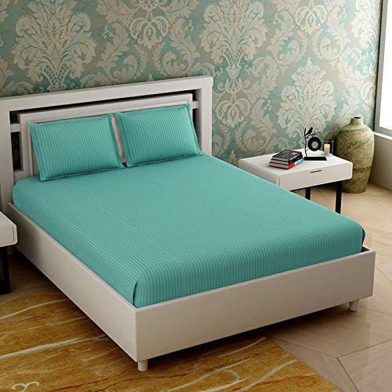 Beta Divine 250 TC Cotton King Striped Flat Bedsheet  (Pack of 1, TERQUOISE)