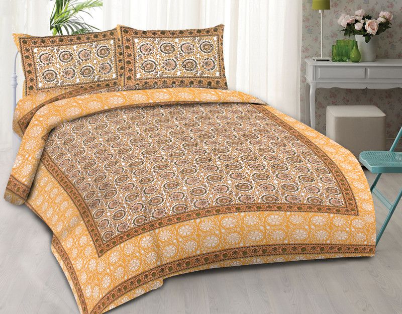SILOUT TEX PRINTS 351 TC Cotton King, Double Striped Flat Bedsheet  (Pack of 1, Golden)