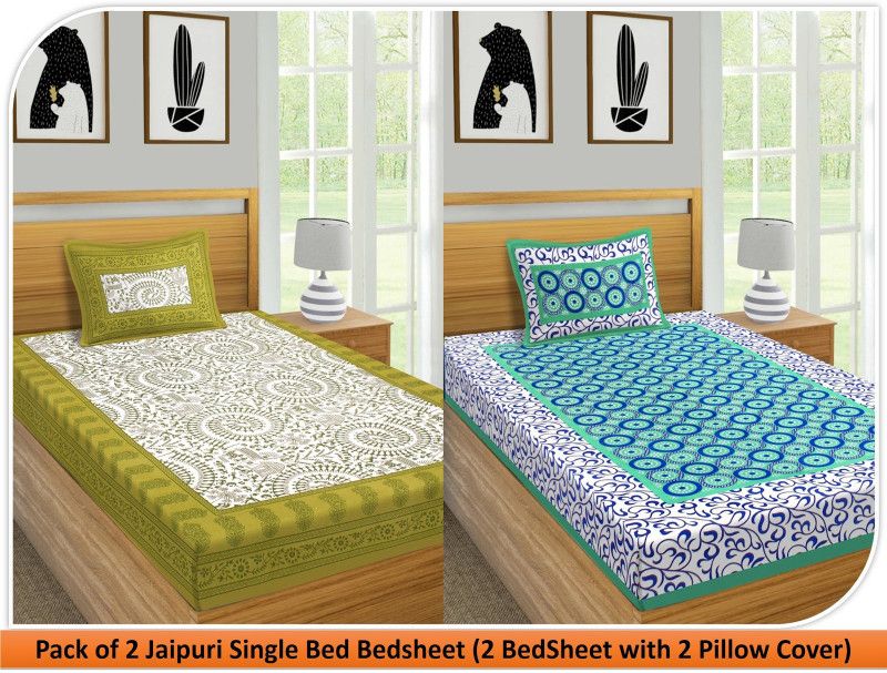 180 TC Cotton Single Bedsheet  (Pack of 2, Green)