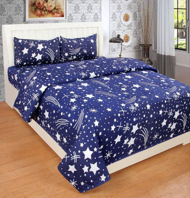 Twinkle Star's 144 TC Polycotton Double Printed Flat Bedsheet  (Pack of 1, Blue Stars)