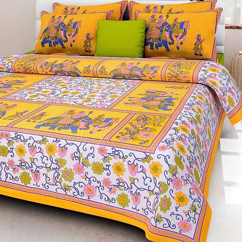 Ahmedabad Bedding Cotton 144 TC Cotton Double Jaipuri Prints Flat Bedsheet  (Pack of 1, Yellow)