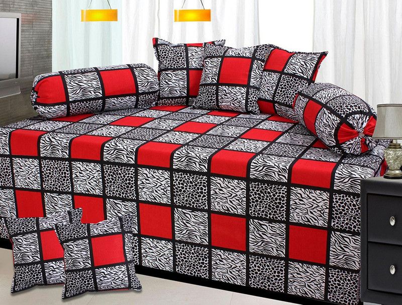 FABBRICK Polycotton Checkered Diwan Set  (Black, Multicolor)