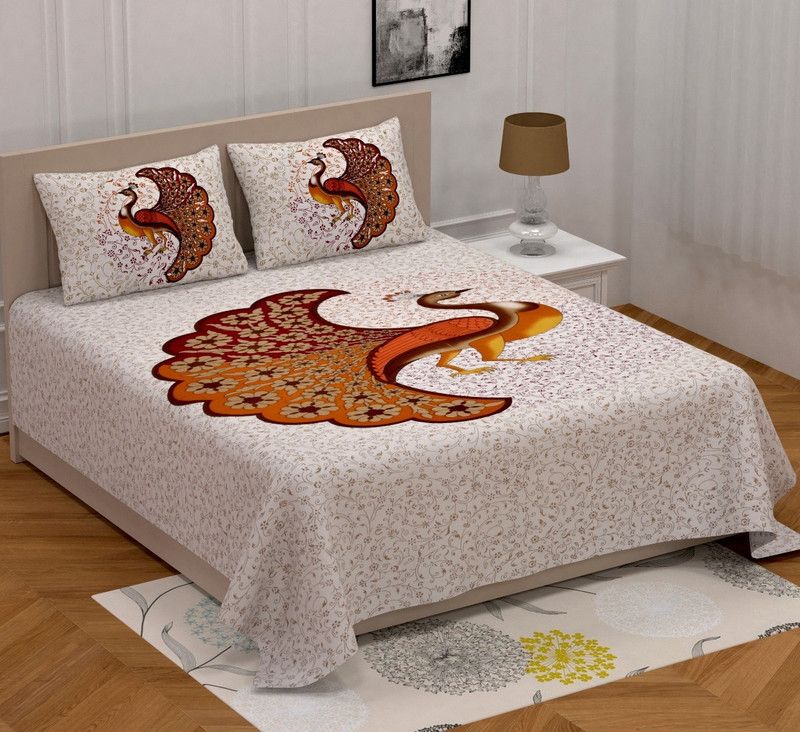 144 TC Cotton Double Printed Bedsheet  (Pack of 1, Gold, Grey)