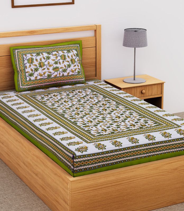 METRO LIVING 104 TC Cotton Single Floral Flat Bedsheet  (Pack of 1, Green)