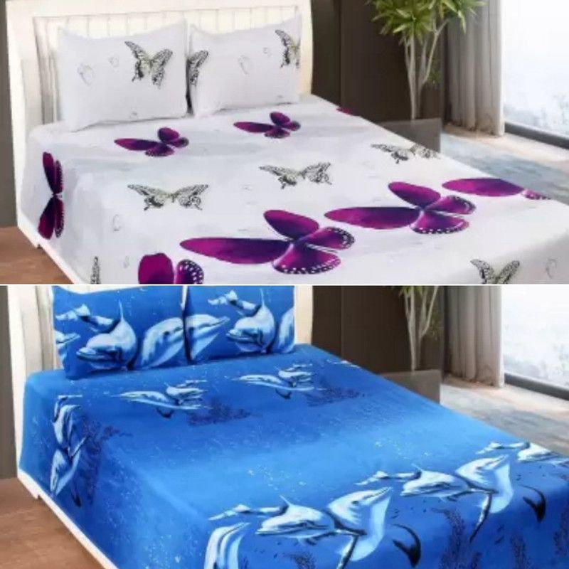 180 TC Cotton Double King 3D Printed Bedsheet  (Pack of 2, Multicolor)
