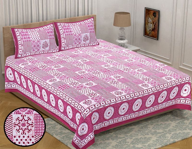 eleganzze 120 TC Cotton King Floral Flat Bedsheet  (Pack of 1, Pink)