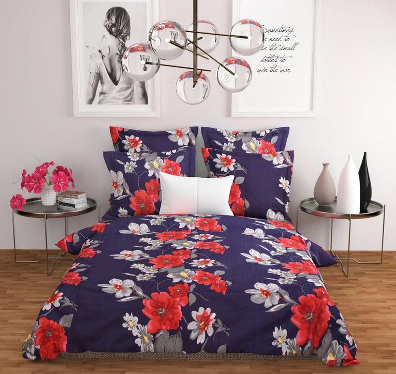 Sai Overseas 240 TC Polyester Double Floral Flat Bedsheet  (Pack of 1, Blue)