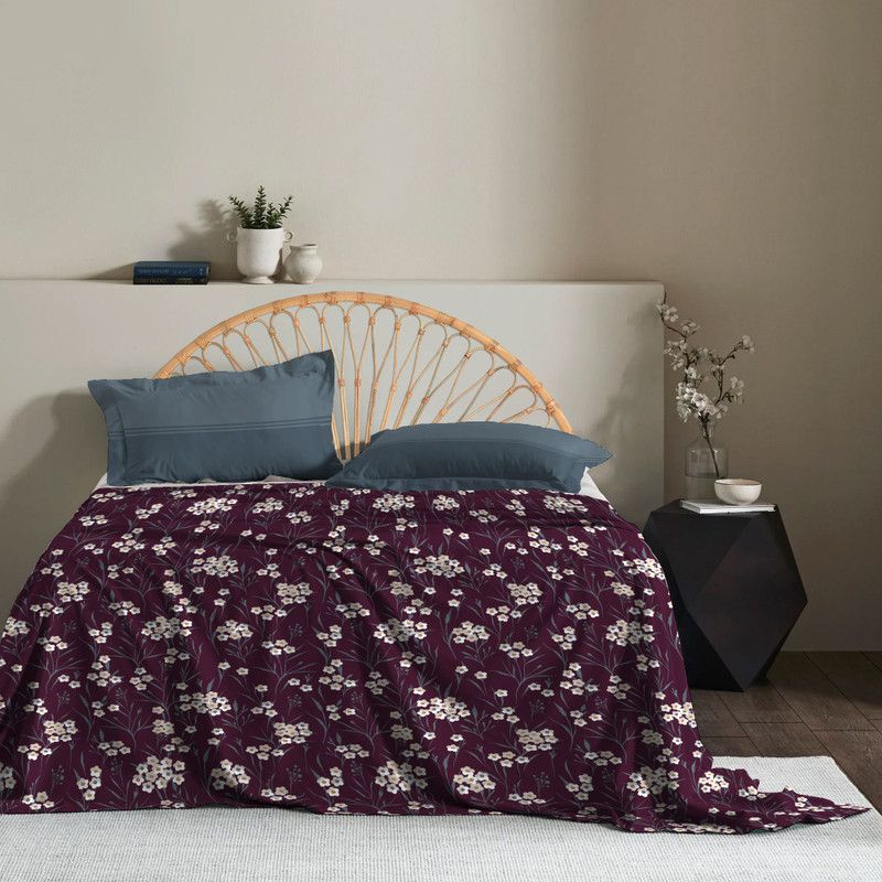 TRIDENT 120 TC Cotton Queen Floral Flat Bedsheet  (Pack of 1, Backyard Maroon)