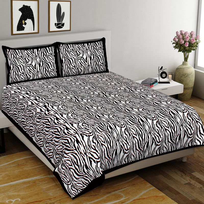 My Pink City 300 TC Cotton King Striped Flat Bedsheet  (Pack of 1, Black)