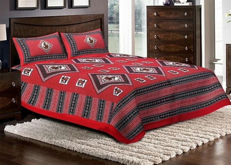 Plethora 151 TC Cotton Double Jaipuri Prints Flat Bedsheet  (Pack of 1, Red)