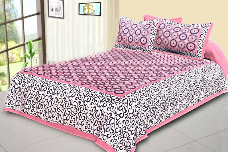 Unique Fashion 156 TC Cotton Double Jaipuri Prints Flat Bedsheet  (Pack of 1, Pink, White)