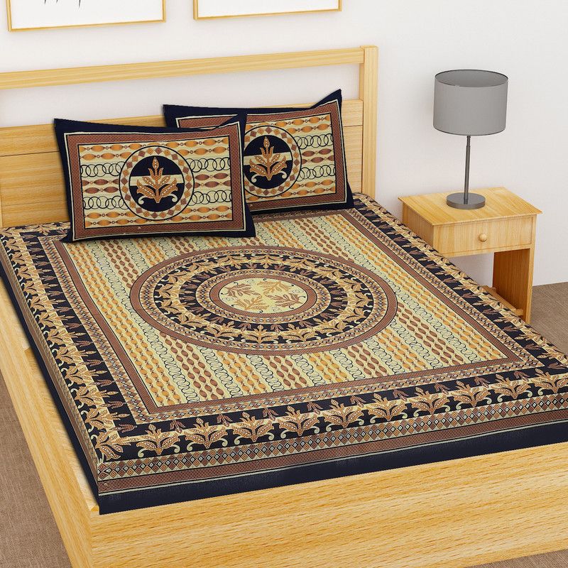 SheetKart 104 TC Cotton Double Printed Flat Bedsheet  (Pack of 1, Black and Hazel Brown)