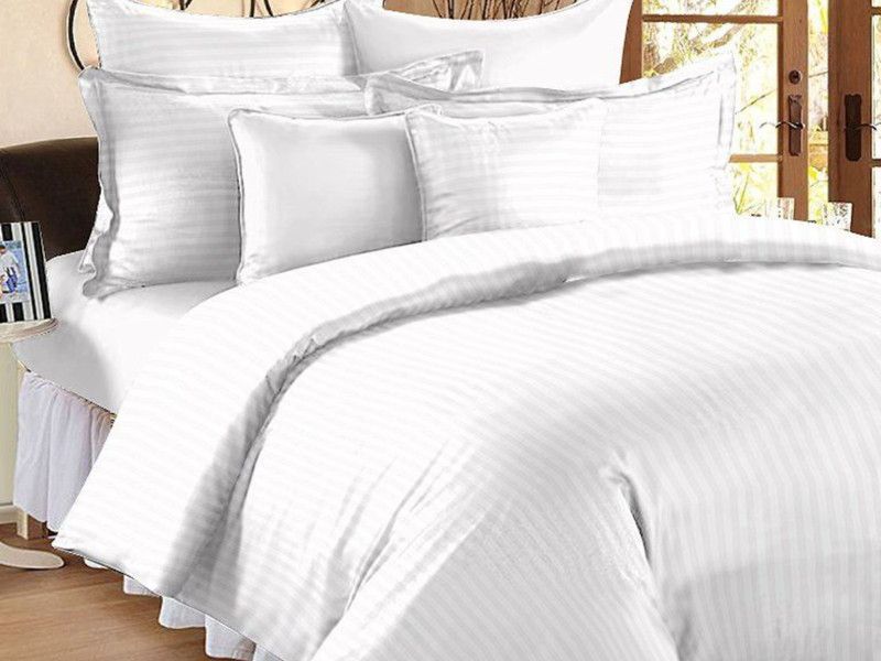 Ripaz Vogue 600 TC Cotton King Striped Flat Bedsheet  (Pack of 1, White)