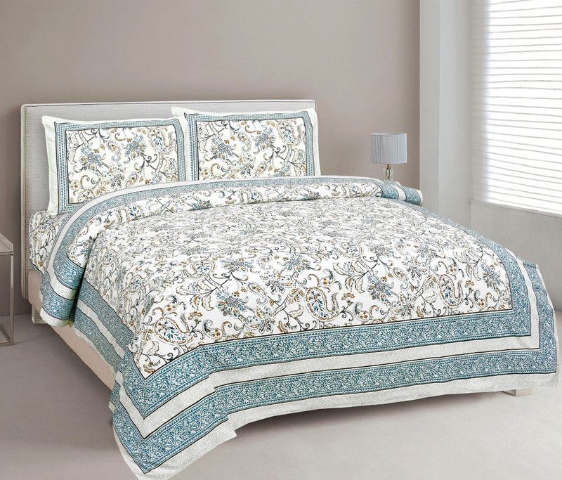 Arnav Apparel 150 TC Cotton King Floral Flat Bedsheet  (Pack of 1, Light Blue)