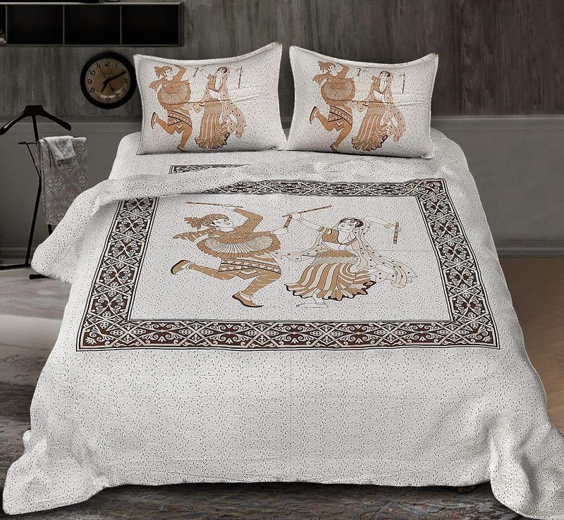 Ananta 200 TC Cotton Double Jaipuri Prints Flat Bedsheet  (Pack of 1, White, golden)