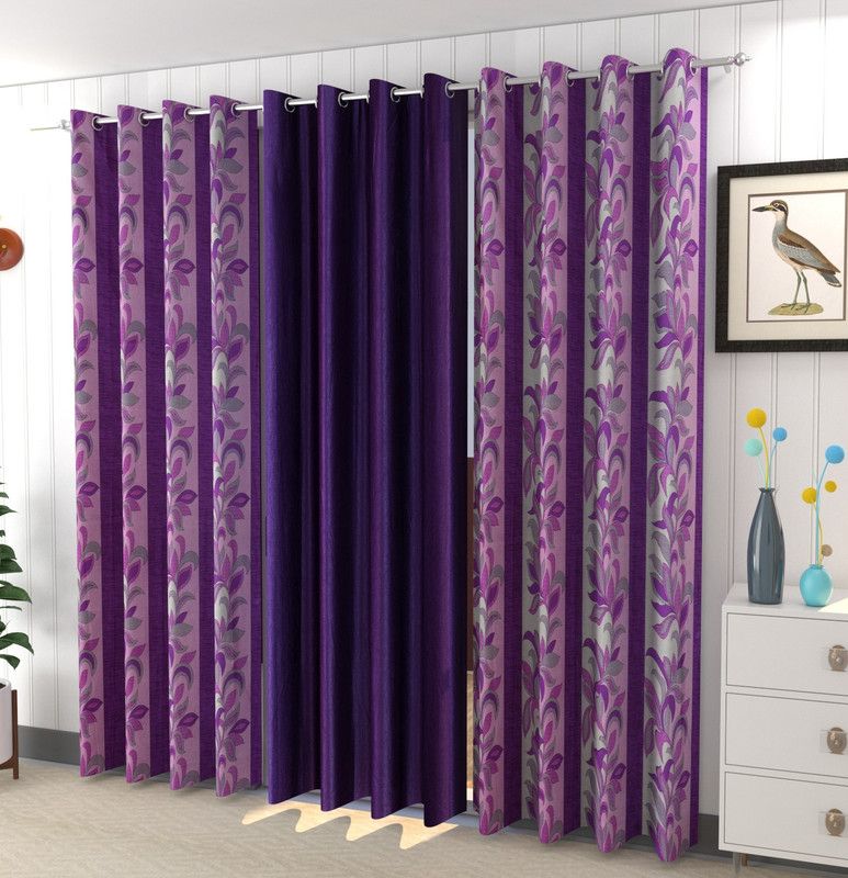 Galaxy Home Decor 214 cm (7 ft) Polyester Semi Transparent Door Curtain (Pack Of 3)  (Printed, Purple)